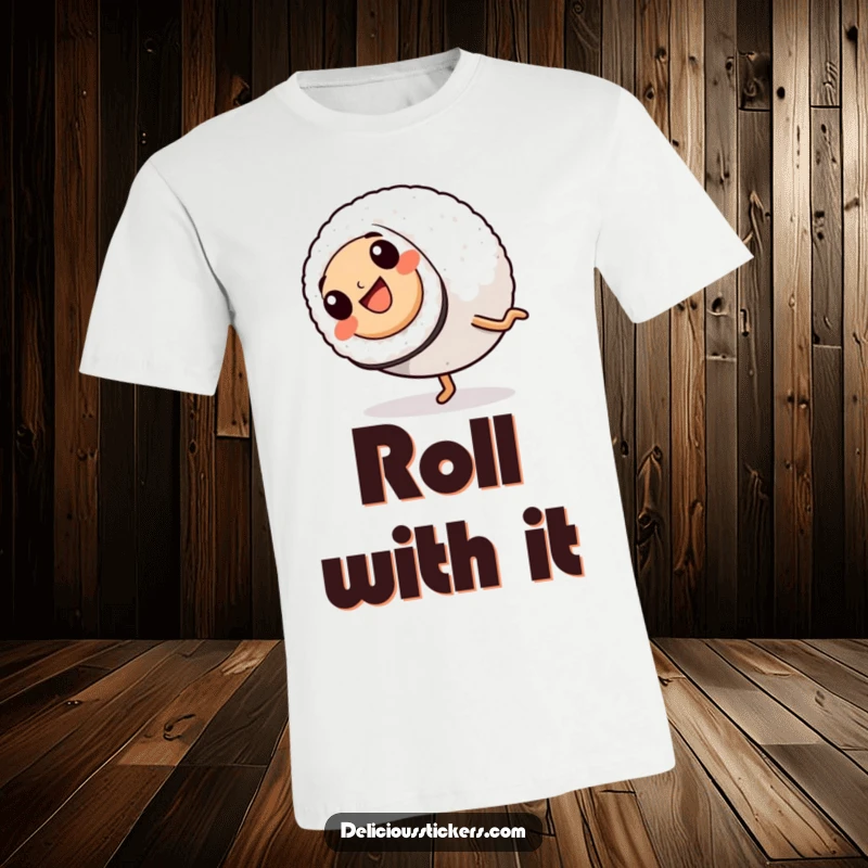 Funny T-Shirt: A cute sushi roll with legs in motion is captured mid-cartwheel, radiating pure, unadulterated joy and energy.