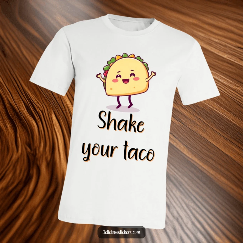 Funny T-shirt depicting a happy taco character doing a silly, leg-kicking dance move, embodying pure joy.