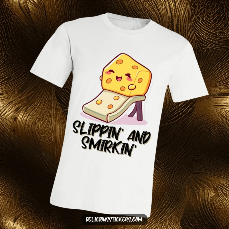 Funny winking cheese t-shirt, a happy slice of cheese slides down a slide with a wink, embodying carefree fun.