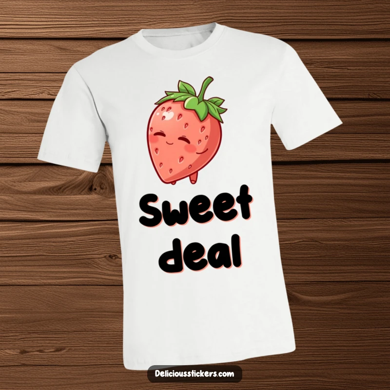 Funny T-Shirt: A cute strawberry character wearing a leafy hat winks mischievously, radiating playful charm and a friendly vibe.