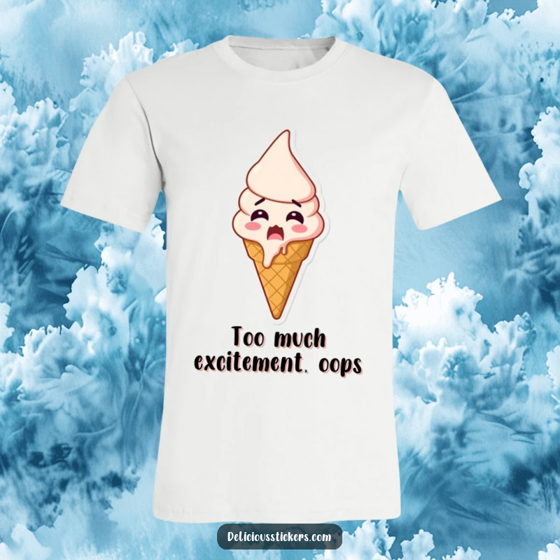 Funny shocked ice cream t-shirt, an ice cream cone looks surprised as it melts slightly, radiating pure, sweet excitement.