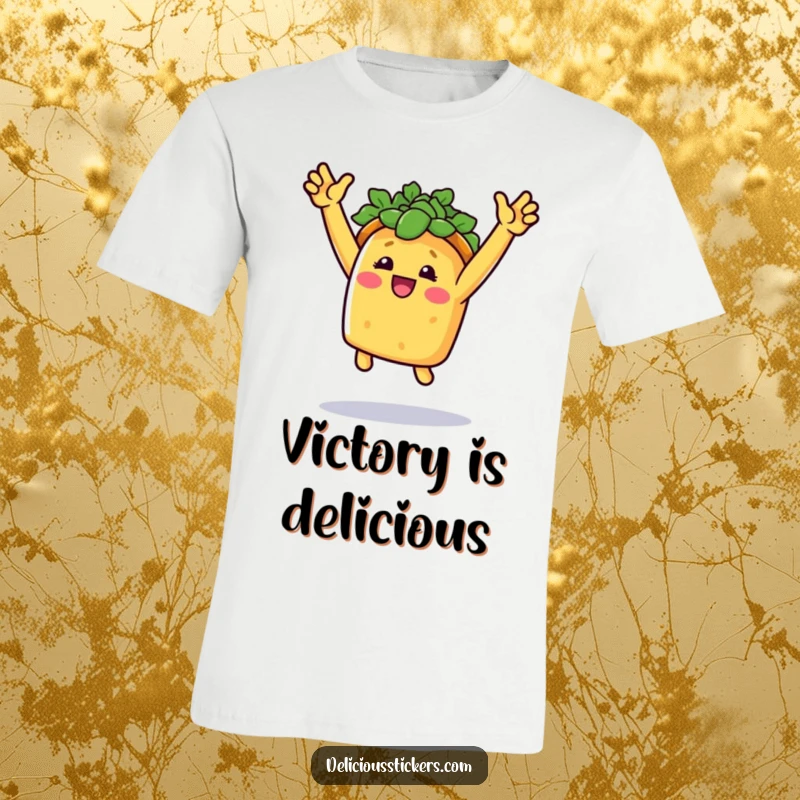 Funny taco triumph t-shirt featuring a smiling taco with arms raised in a triumphant jump, full of energy.