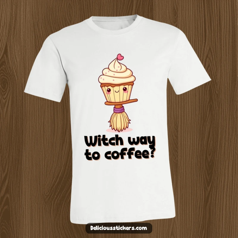 Funny t-shirt showcasing a cute cupcake skillfully balancing on a tiny witch's broomstick, conveying a sense of playful magic.