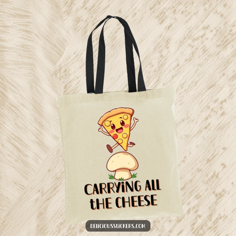 Funny Tote Bag: A cheerful pizza slice character in mid-leap above a mushroom, illustrating a playful adventure and cartoon charm.