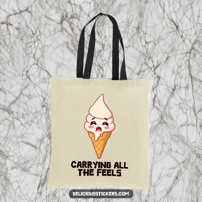 Funny shocked ice cream tote bag, an ice cream cone melts adorably with shock and excitement, perfect for carrying treats.