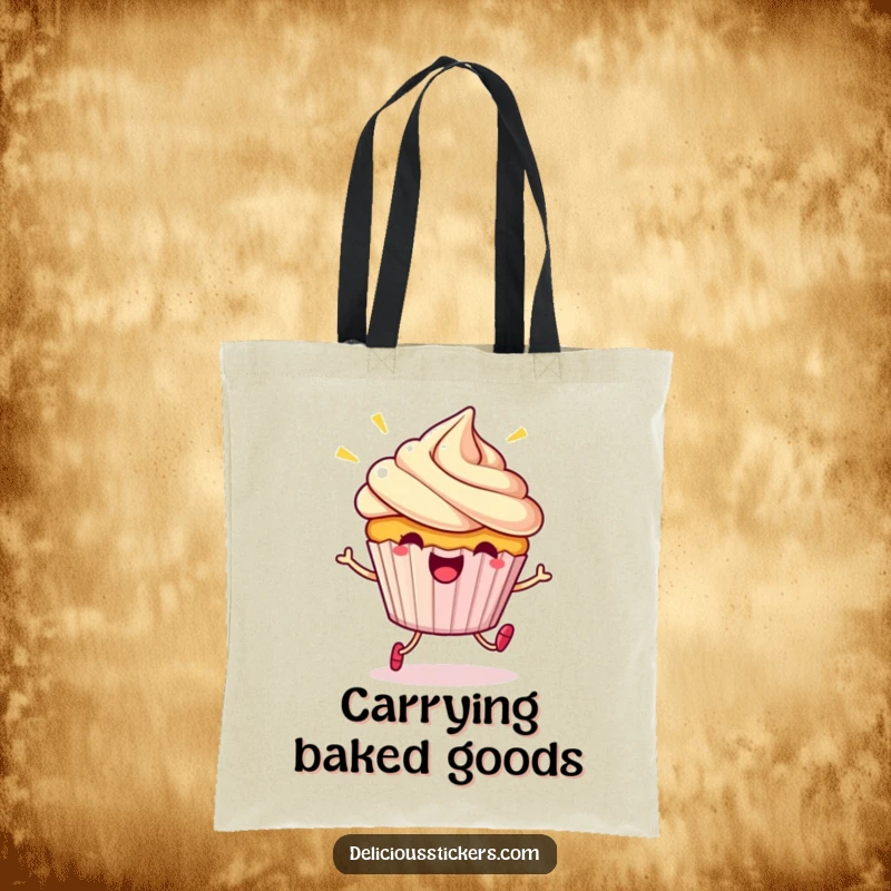 Funny Tote Bag: A beaming cupcake character in a playful hop, bringing cartoon cheer and everyday utility.