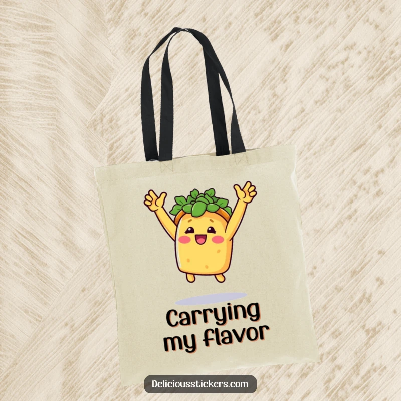 Funny taco celebration tote bag featuring a smiling taco in a triumphant jump with arms raised, full of joy.