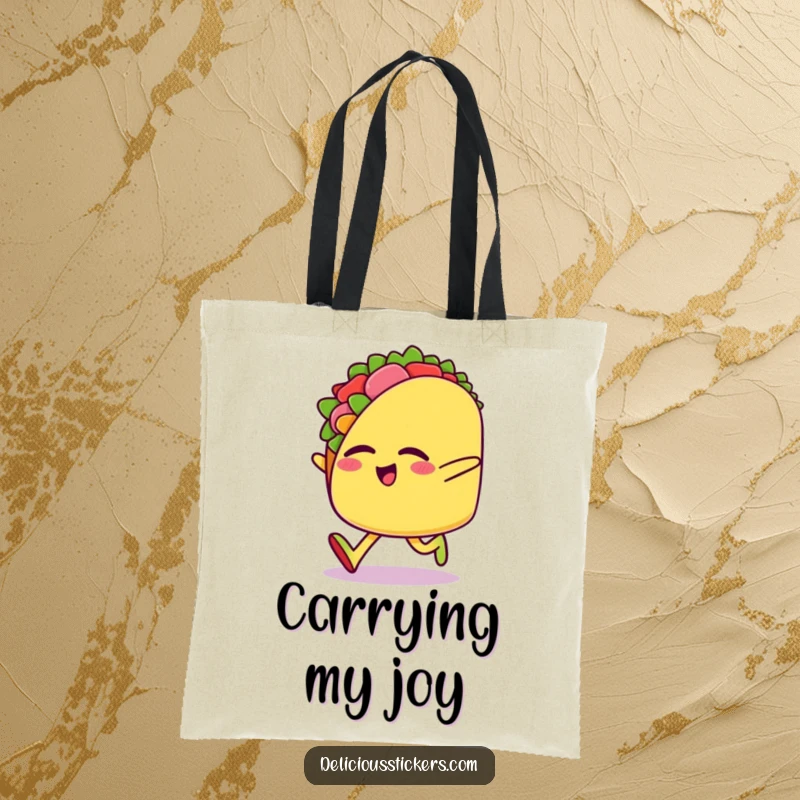 Funny tote bag depicting a happy taco character in a joyous sideways skip with eyes closed, ready for adventure.