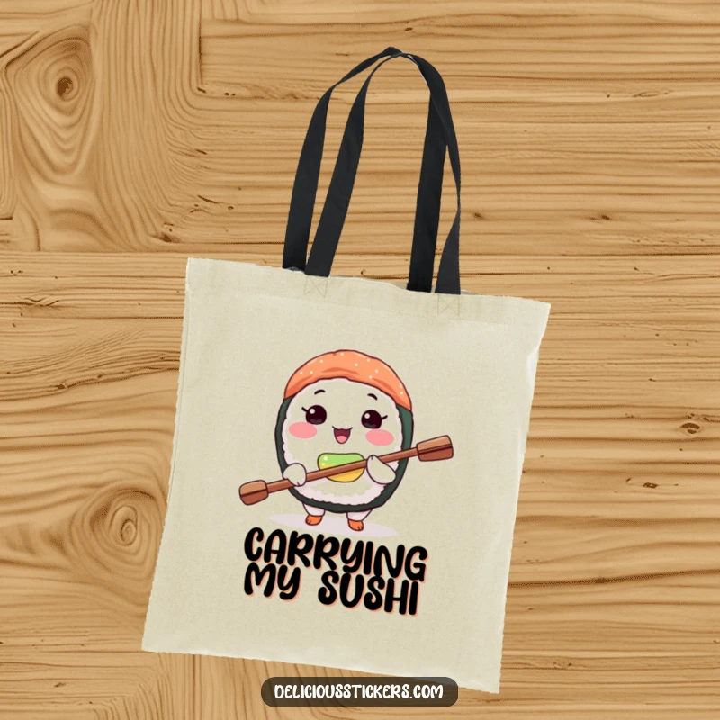 Funny sushi balance tote bag featuring a joyful sushi character balancing a tiny paddle on its nose, perfect for carrying items.