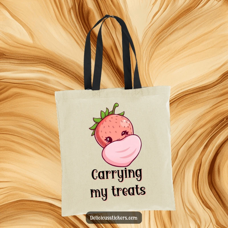 Funny shy strawberry tote bag, peeking out from behind a large candy, a cute and humorous accessory for carrying essentials.