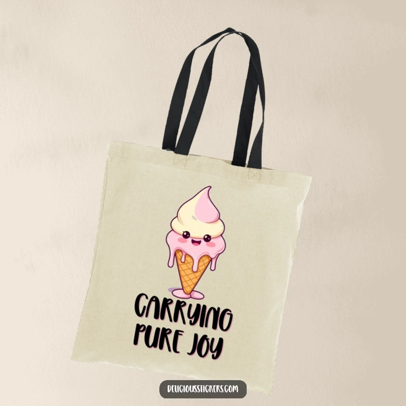 Funny tote bag with a melting ice cream cone character whose drips form funny shapes, great for shopping or everyday use.