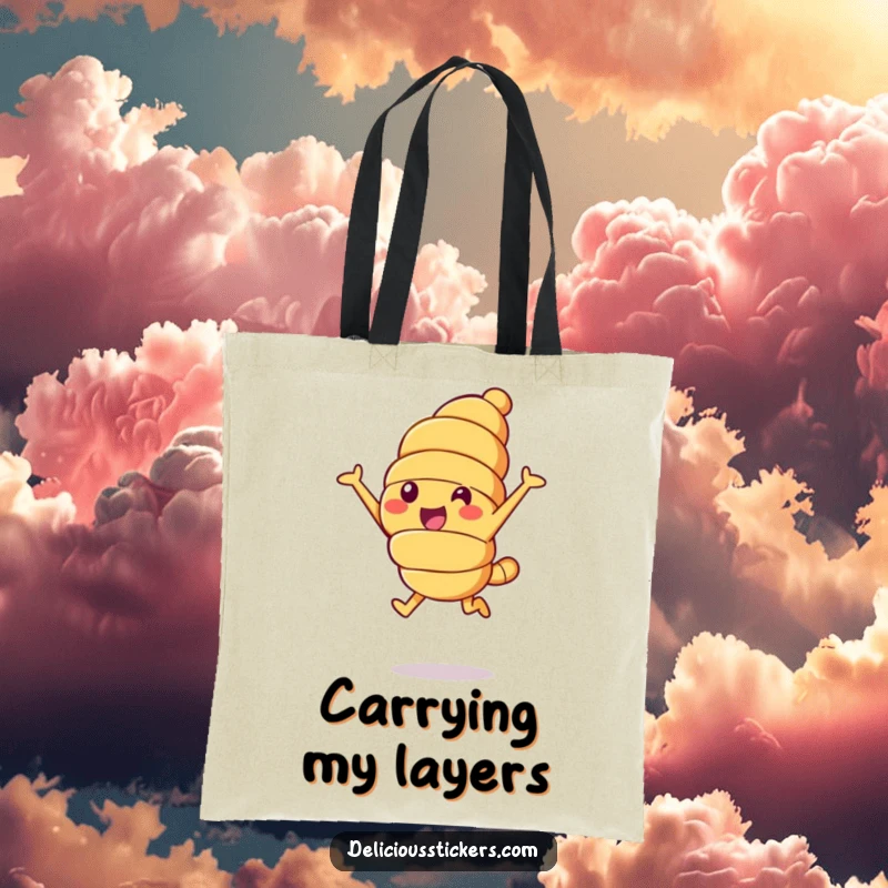 Funny croissant leap tote bag, a cheerful croissant character leaping into the air, perfect for shopping.