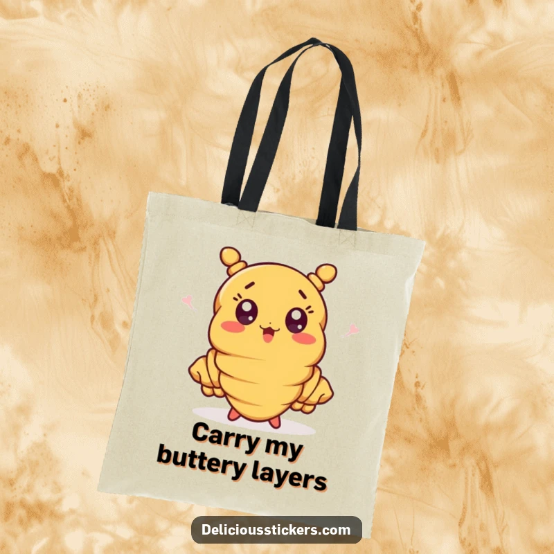 Funny croissant with exaggeratedly waving ends on a tote bag, a surprised and friendly character accessory.