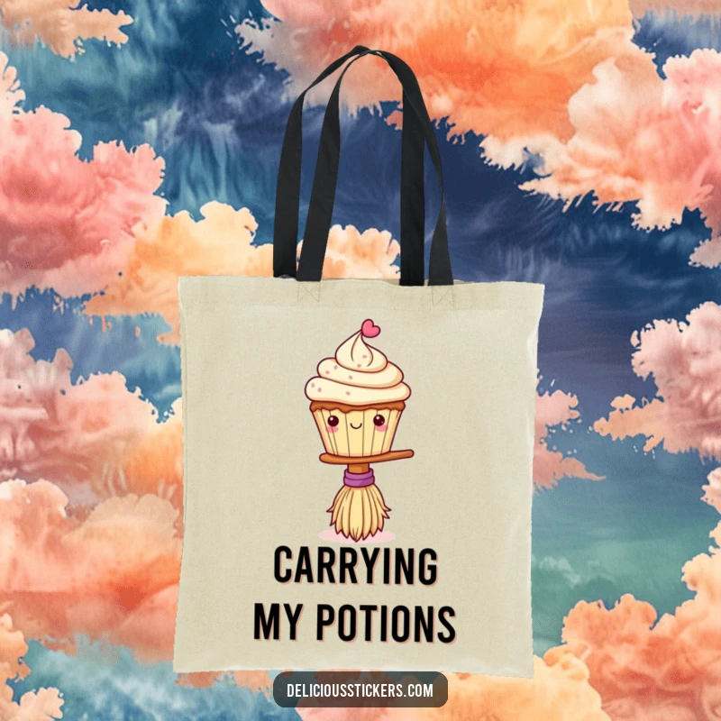 Funny tote bag with a cute cupcake balancing on a broom, ideal for carrying groceries with a touch of playful, magical humor.