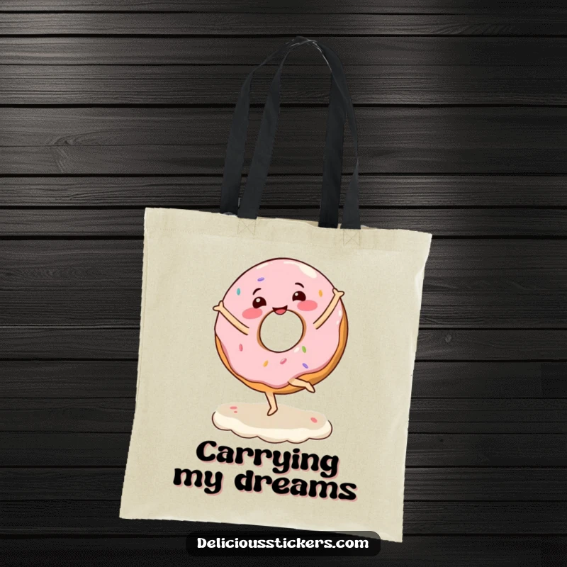 Funny tote bag illustrating a happy donut character gracefully twirling on a swirl of colorful frosting.
