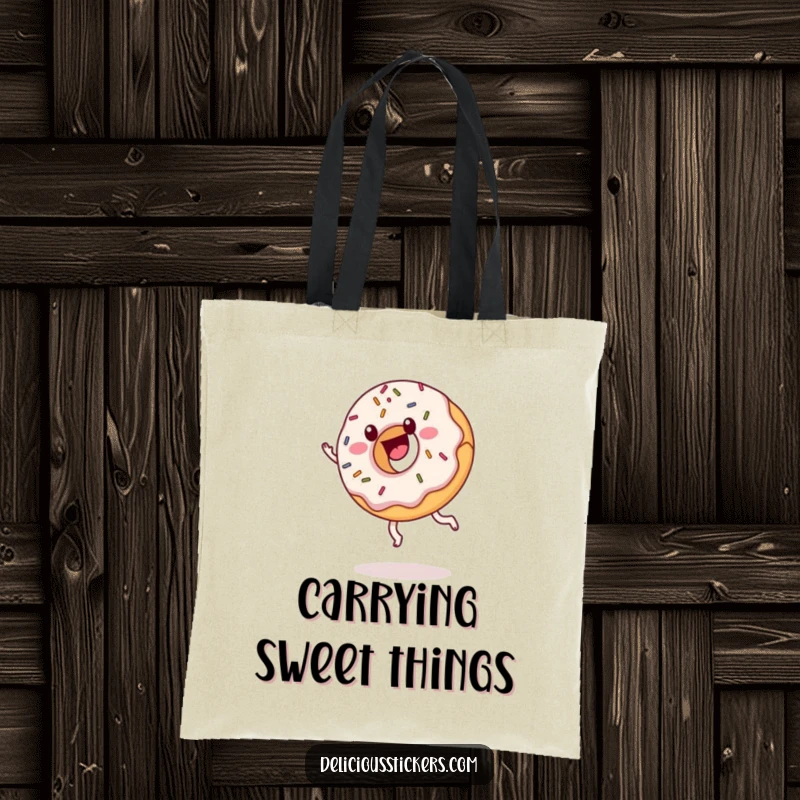 Funny donut tote bag with sprinkles cartwheeling, a cartoon accessory for carrying sweet treats and essentials.
