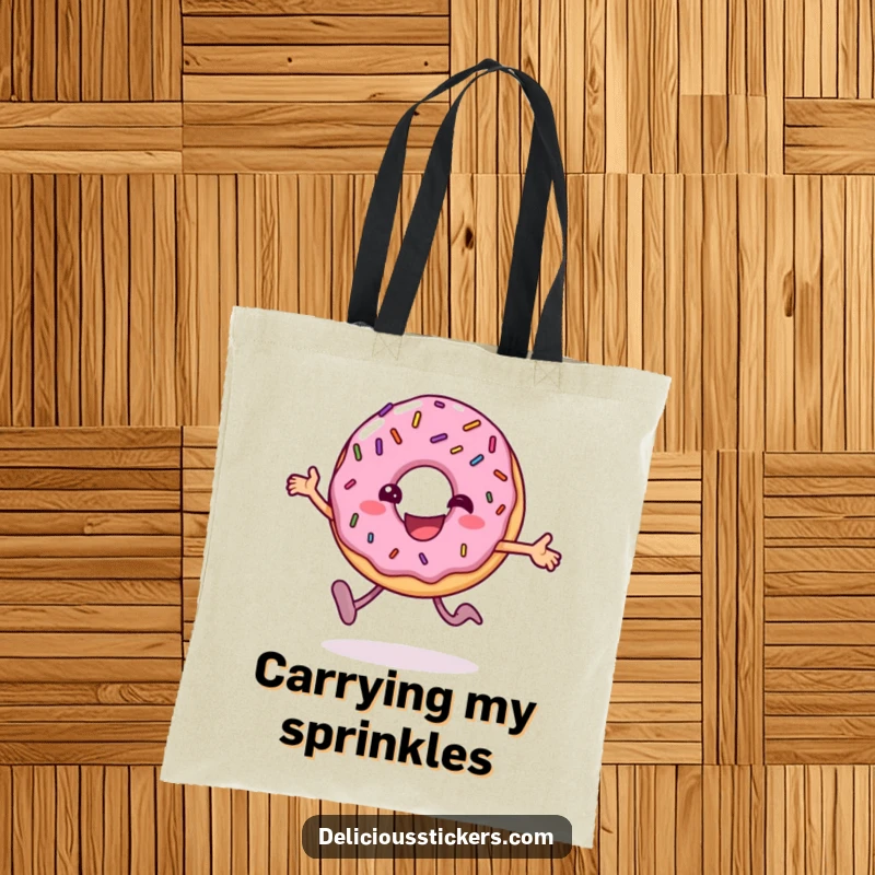 Funny donut tote bag featuring the cheerful character hopping, perfect for carrying essentials with a sweet and humorous touch.