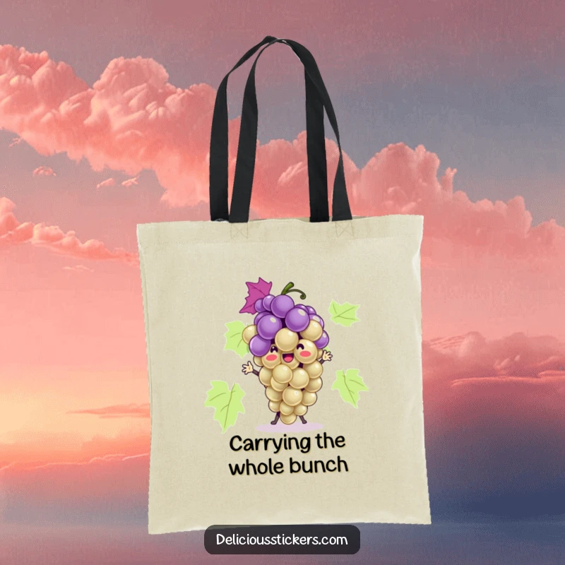 Funny grape bunch tote bag featuring the playful character dancing, perfect for carrying essentials with cheerful humor.