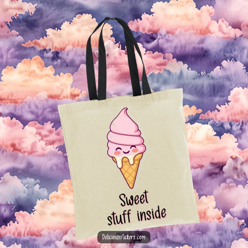 Funny melting ice cream cone tote bag character beaming with joy, showcasing a sweet, melty design for everyday errands.