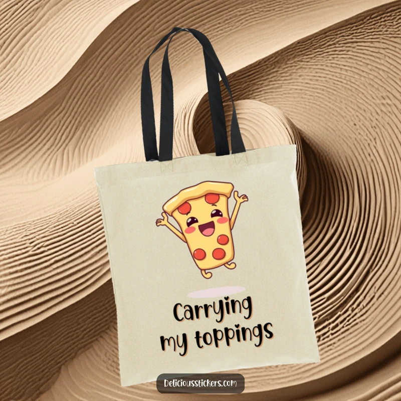 Funny pizza slice tote bag jumping, cartoon food accessory, a humorous and practical gift for carrying items.