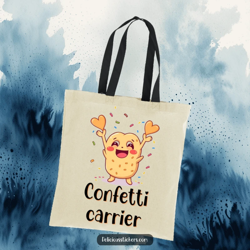 Funny pretzel character throwing confetti on a tote bag, showcasing a cheerful and festive snack design.
