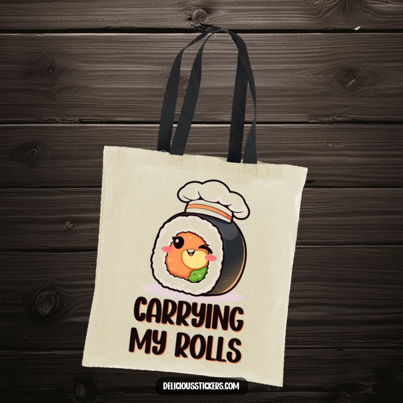 Funny sushi roll tote bag, winking chef, a cute and humorous accessory for carrying essentials.