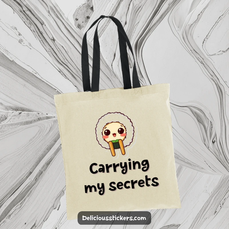 Funny tote bag illustrating a surprised sushi roll character peeking from a chopstick holder, ideal for sushi lovers.