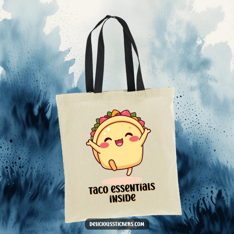 Funny taco tote bag with legs kicking, a cartoon accessory for carrying fiesta essentials and smiles.