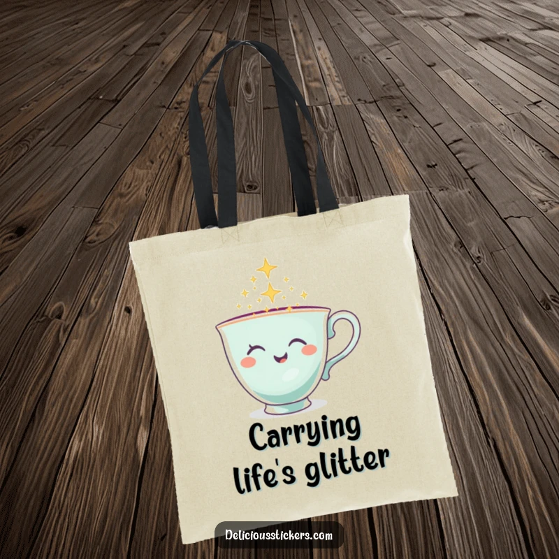 Funny Teacup Tote Bag with a winking teacup character pouring a cascade of sparkles, stylish and magical.