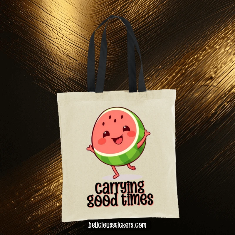 Funny grinning watermelon slice tote bag, the fruit dances joyfully, making it a fun and practical accessory for summer outings.