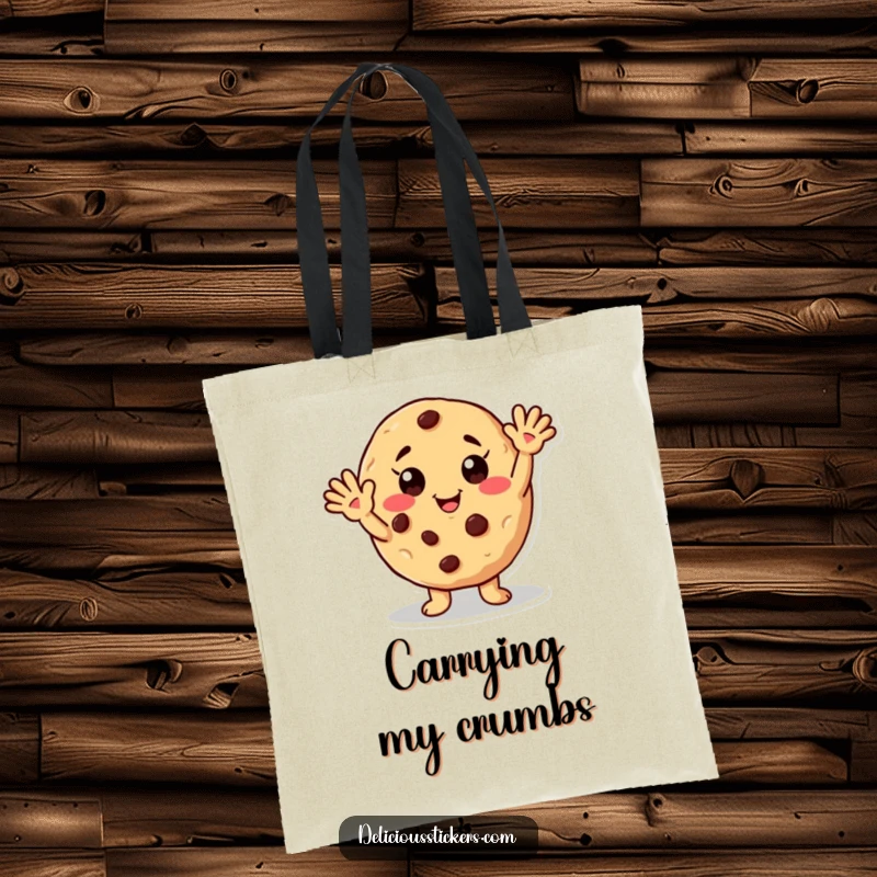 Funny tote bag featuring a friendly waving cookie character with chocolate chip freckles, a charming and humorous accessory for all.