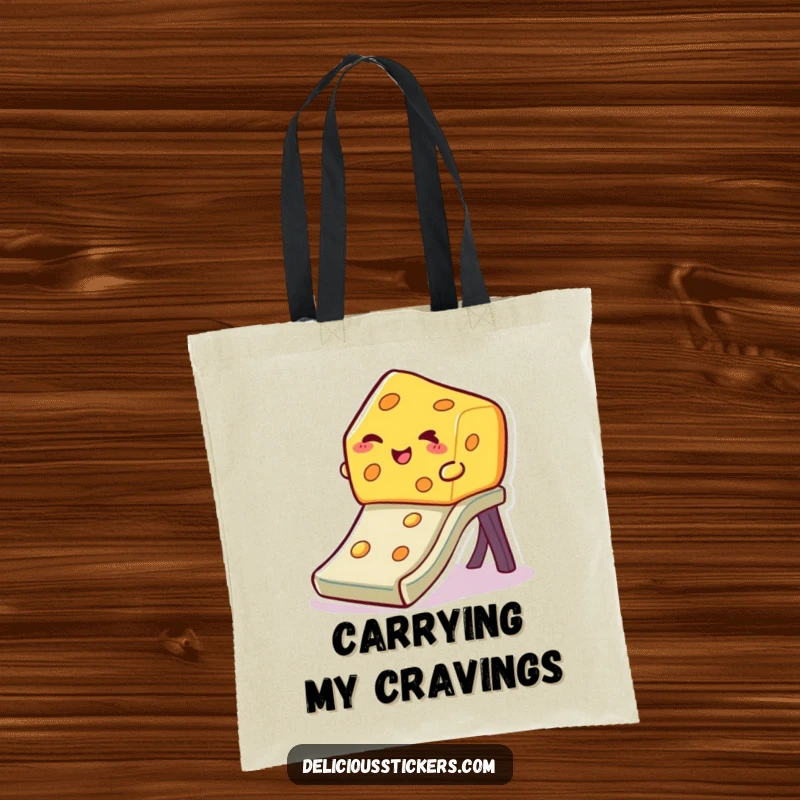 Funny winking cheese tote bag, a slice of cheese slides down a slide with a playful wink, making it a fun accessory.