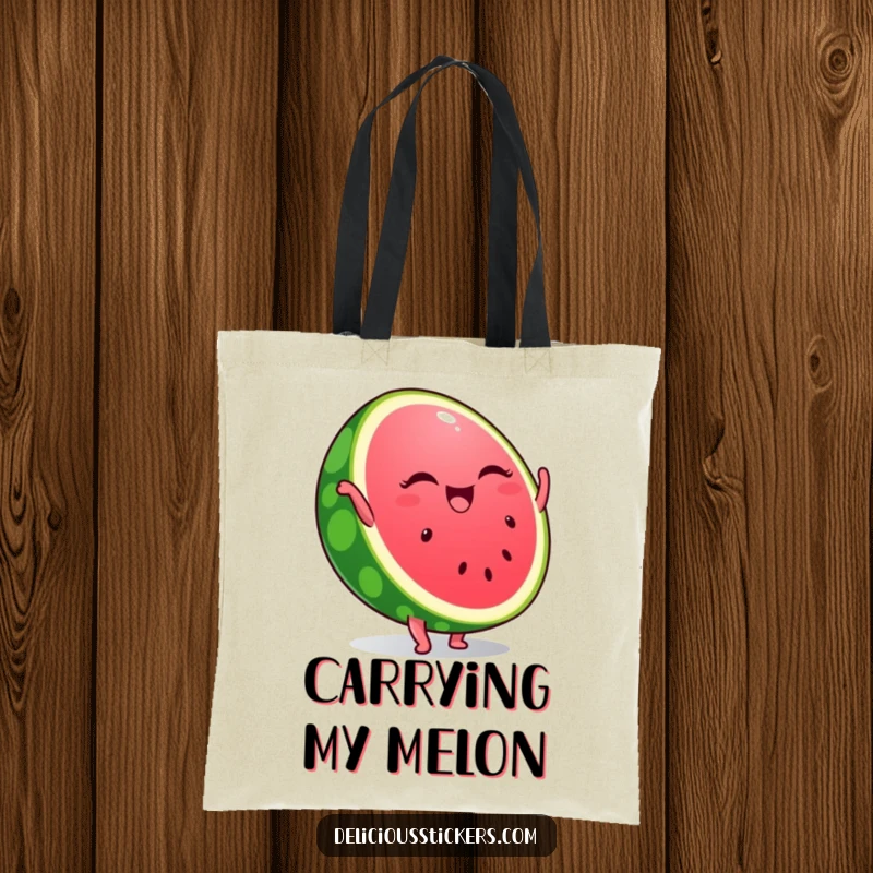 Funny tote bag with a winking watermelon slice doing a handstand, ideal for carrying beach gear or daily necessities with summer cheer.