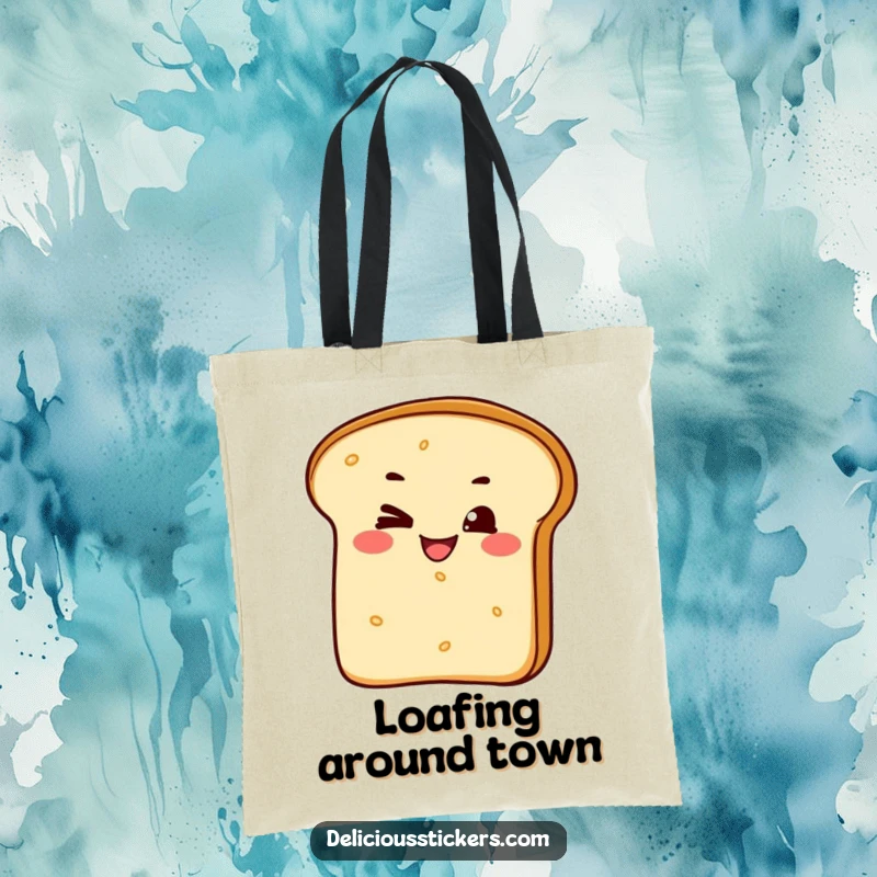 Funny tote bag showcasing a cheeky bread loaf character with a mischievous wink and grin, ideal for stylishly carrying essentials.