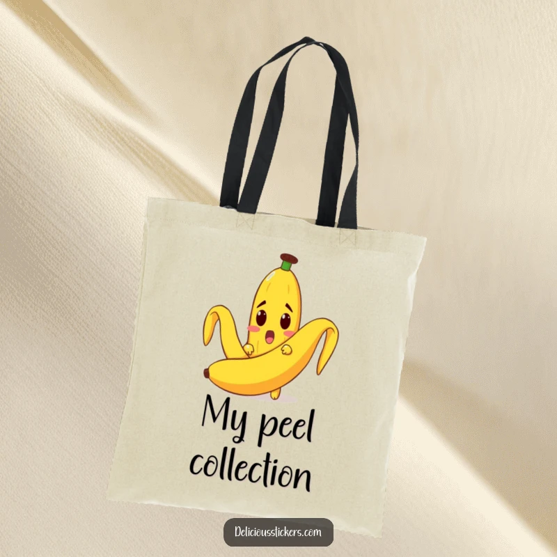 Funny tote bag with a surprised banana character peeking from behind a peel, great for shopping or everyday use.