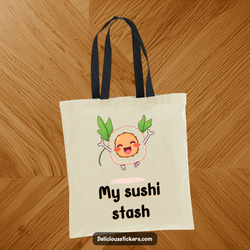 Funny tote bag showcasing a smiling sushi roll mid-jump with elegant seaweed wings.
