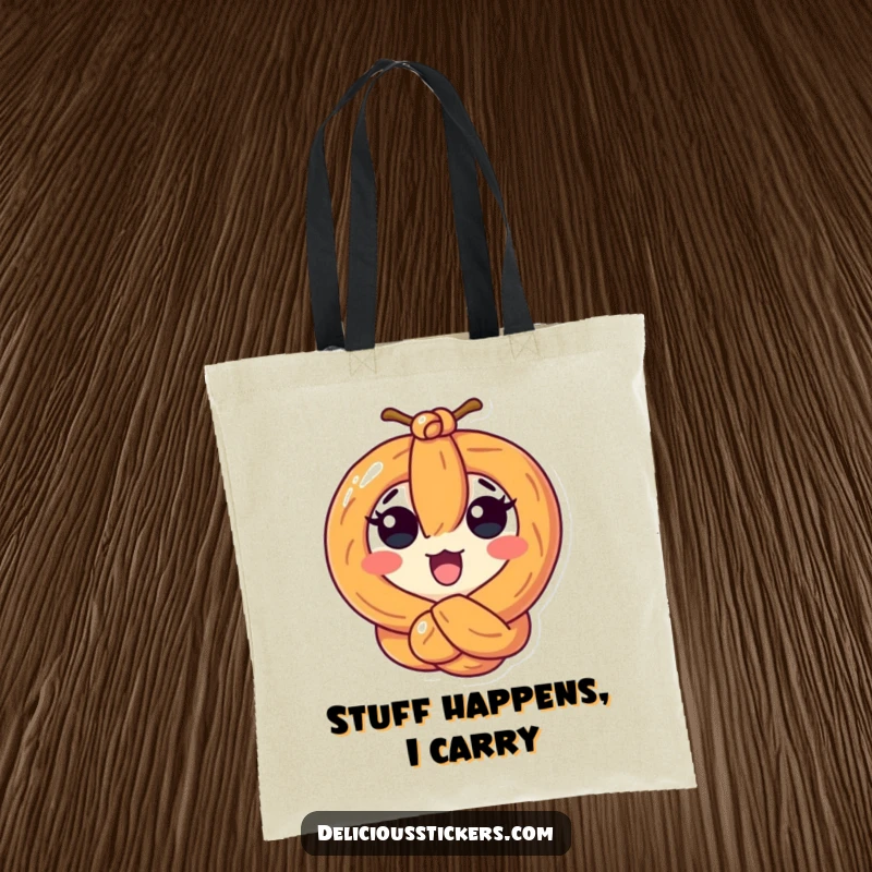 Funny surprised pretzel character tied in a knot on a durable tote bag, perfect for carrying groceries with a smile.
